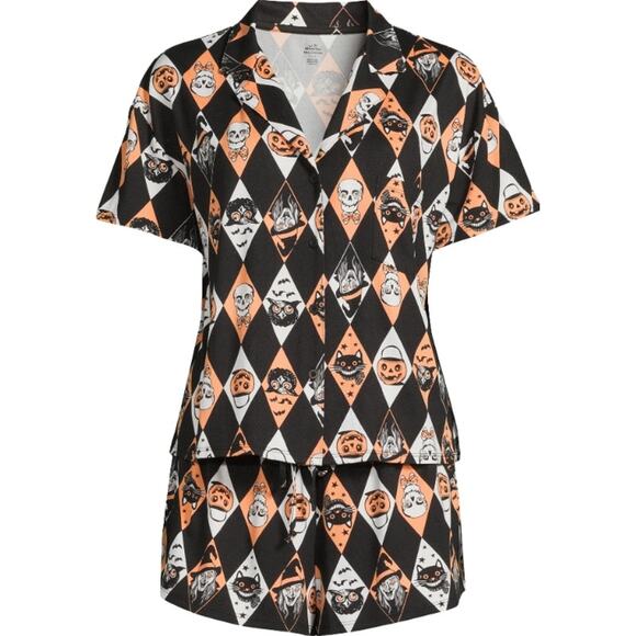 Halloween Women's Black Soot Diamond Print Shorty Pajama PJ Set 2-Piece Size 2XL - Picture 2 of 7
